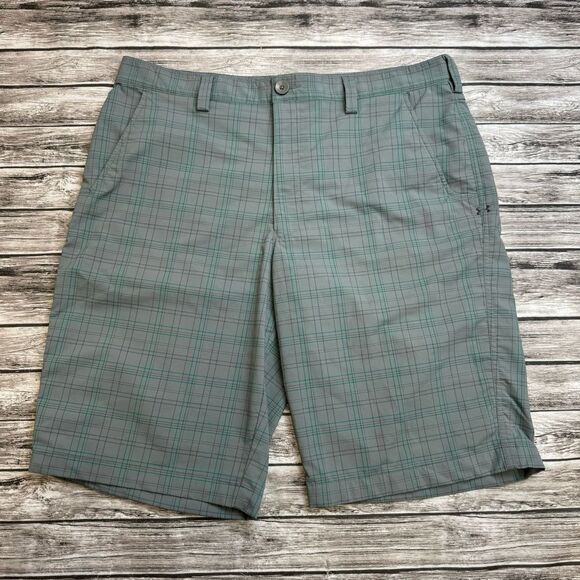 Under Armour Men's Plaid Casual Golf Active Shorts Grey Gray Green 38 Zipper Zip - Picture 1 of 9
